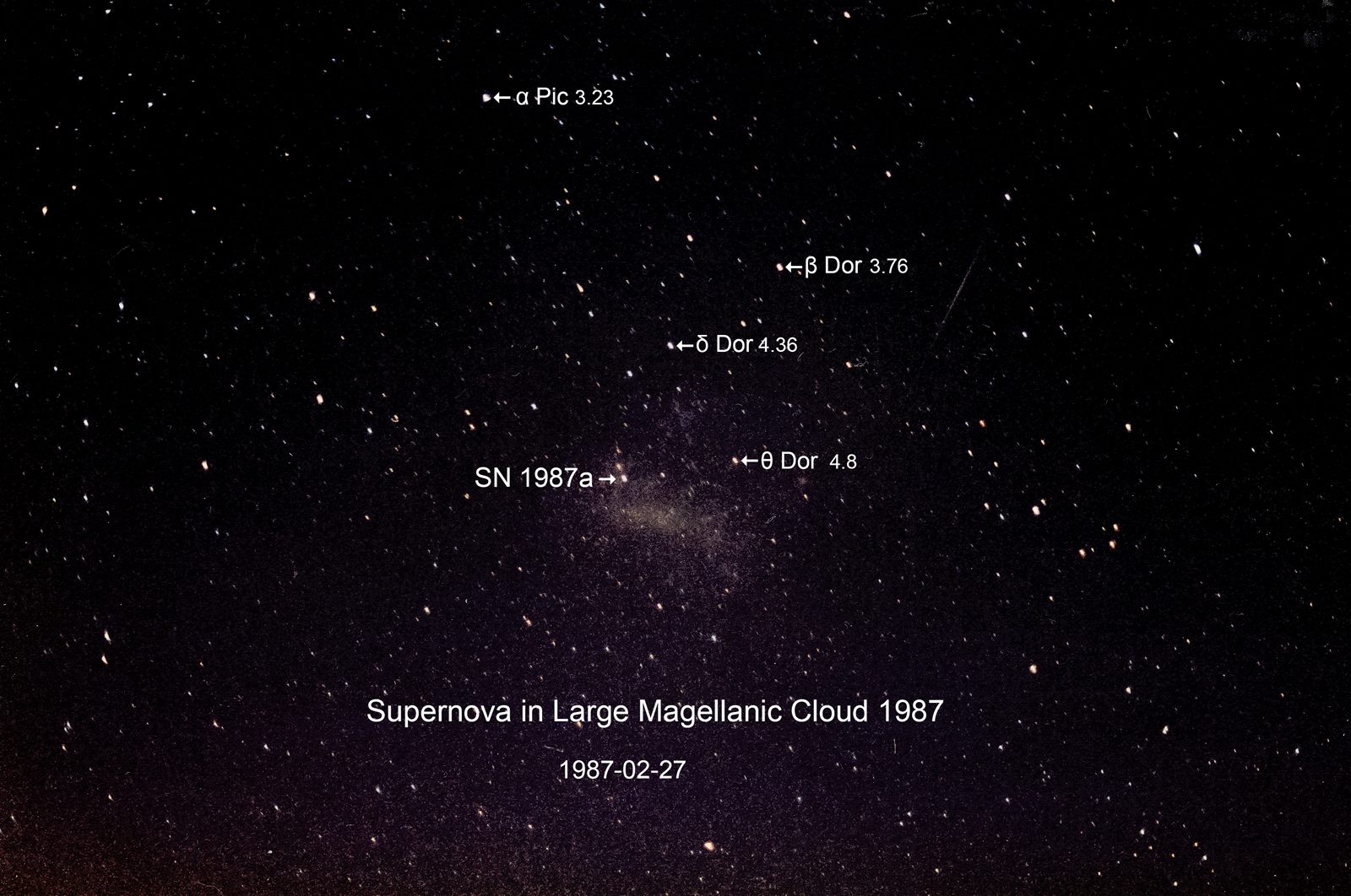 Supernova 1987A in the Large Magellanic Cloud, photographed by the author on 27 February 1987