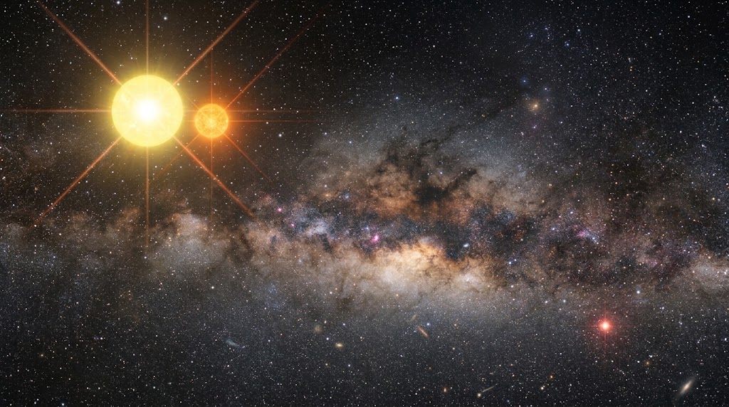 Artist’s impression of Alpha Centauri A and B shining against the Milky Way, with the small red dwarf Proxima Centauri in the lower right
